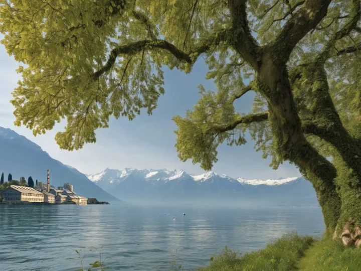 A landscape in the alps with a lake and mountains