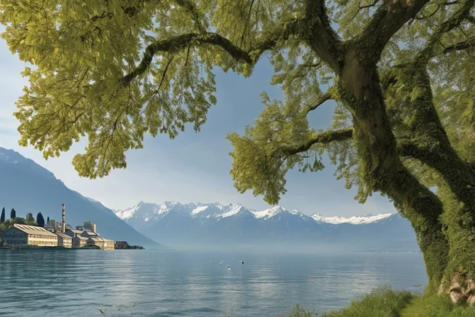 A landscape in the alps with a lake and mountains